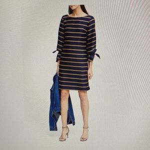 Banana Republic Size 10 Pinstripe Navy and Gold Poet-Sleeve Dress